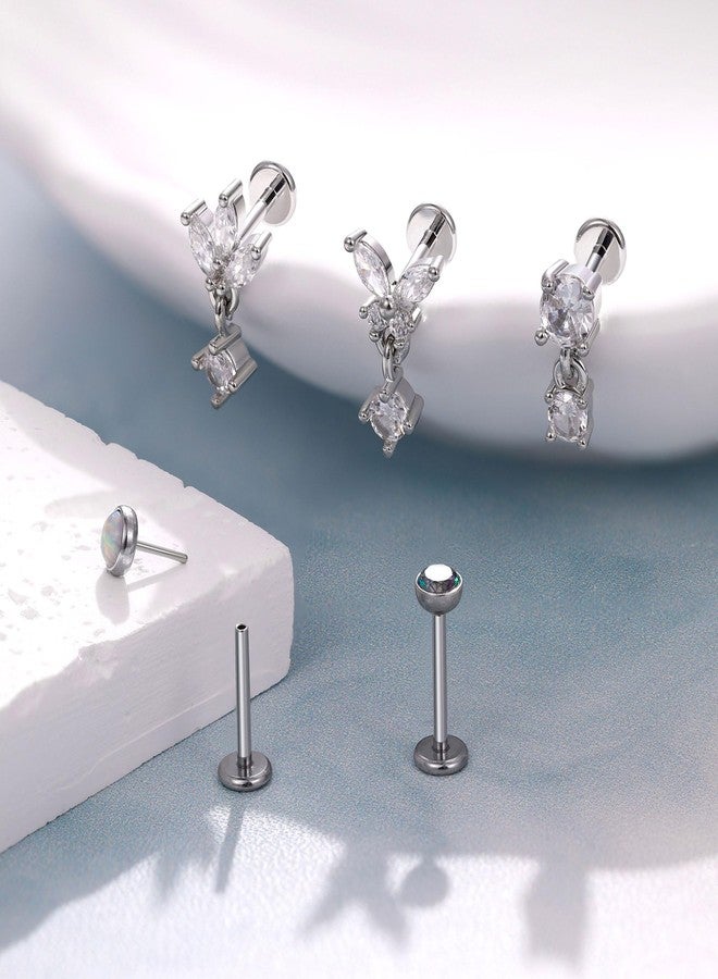 NICEIGHT 5Pcs 18G Surgical Steel Threadless Cartilage Labret Monroe Stud Earrings for Women Push in Flat Back Helix Tragus Lip Stud Earrings Conch Nose Stud Piercing Jewelry 6MM Silver - Image 2